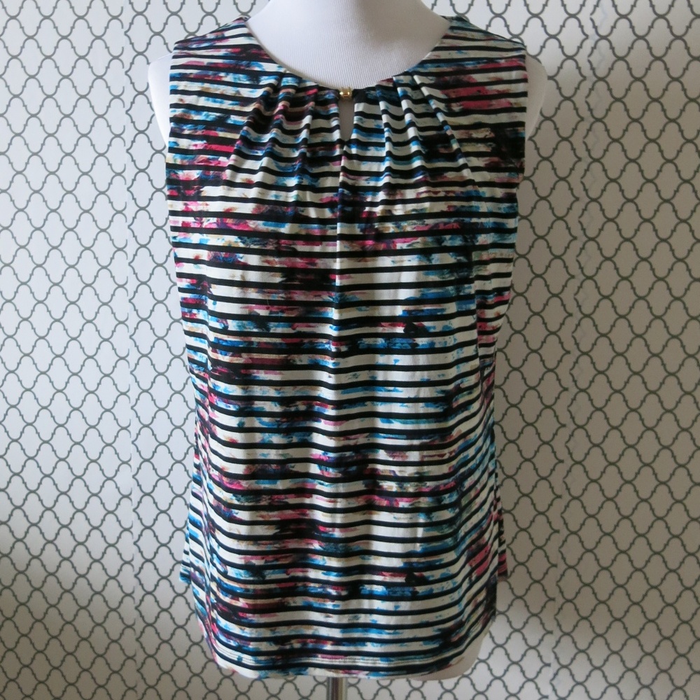 IVANKA TRUMP Printed Stripe Pleated Keyhole Neck Top Blouse - Size Medium